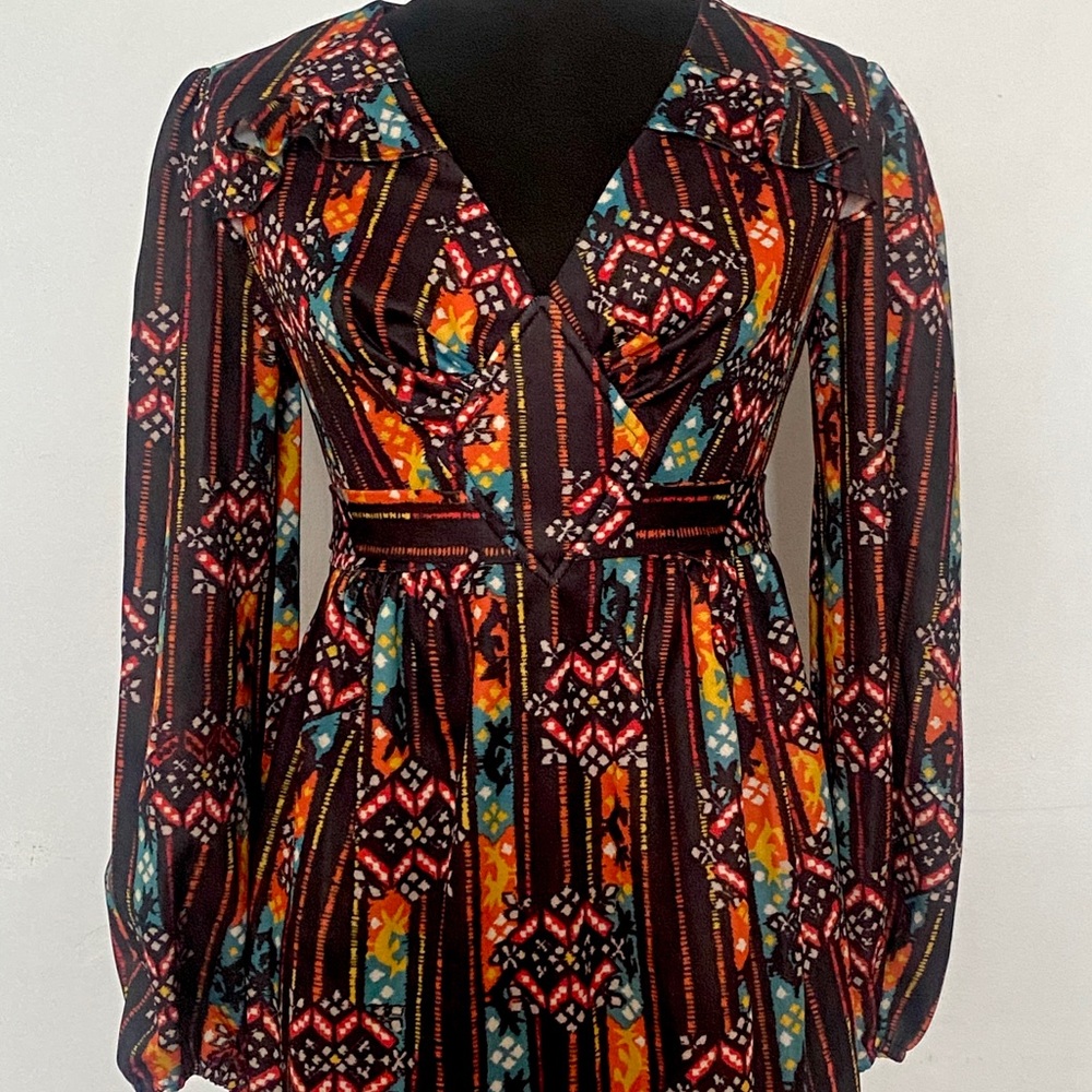 70s Dress Empire Waist Belt Tie Midi Poly Floral Pattern Puff Sleeve V Neck